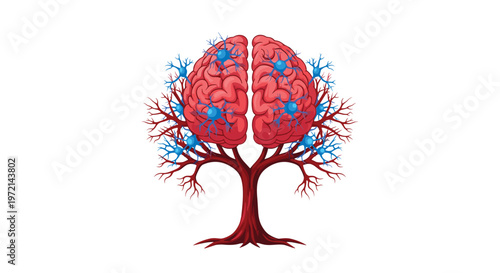 An intricate tree-like structure features a detailed reddish-pink human brain as its canopy adorned with glowing blue neuron cells and branching neural synapses.