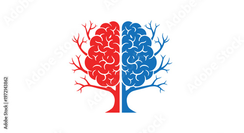 A stylized brain-shaped tree is perfectly bisected into a vibrant red left hemisphere and a cool blue right hemisphere featuring bare branching limbs.