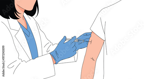 A professional female medical worker wearing a white lab coat and blue gloves carefully administers a syringe injection into a patient's bare upper arm.
