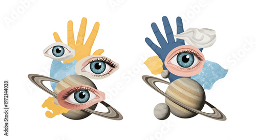 Eyes and hands with planets and solar system.