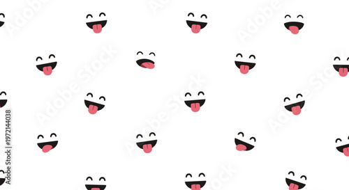 A repetitive and dense grid pattern features numerous white circular emoji faces with closed happy eyes and playful pink tongues sticking out on white.