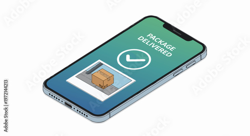 Isometric Smartphone Notification Showing Package Delivered Message with Parcel Photo Confirmation for E-commerce Logistics and Online Shopping Tracking