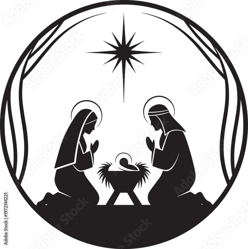 Christmas nativity scene in circle frame, flat vector illustration of holy family with baby jesus, bethlehem star, and religious elements