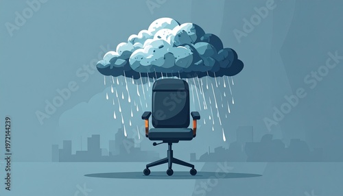 office chair under stormy cloud symbolizing work stress and mental burden