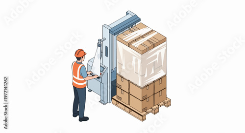 Isometric Illustration of a Warehouse Worker Operating an Automatic Pallet Wrapping Machine for Secure Cargo Shipping and Logistics