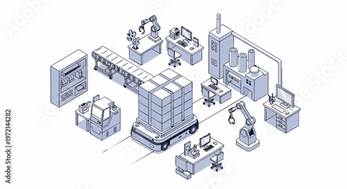 Isometric Line Art Illustration of Smart Factory Automation, Robotic Arms, and Logistics for Industry 4.0
