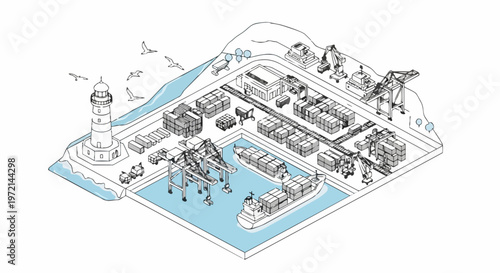 Isometric Line Art Illustration of a Modern Cargo Port with Container Ships, Lighthouse, and Global Logistics Infrastructure