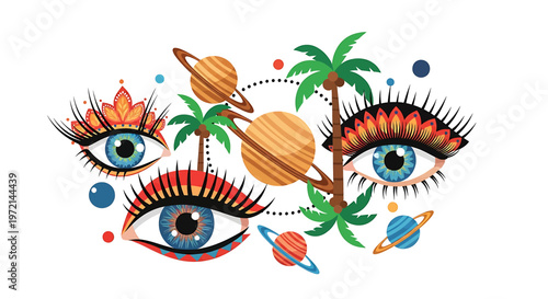 Eyes with colorful makeup and planets 1.