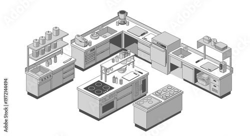 Isometric illustration of a professional kitchen layout with various appliances