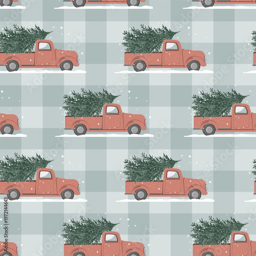Christmas seamless pattern with red truck and Xmas trees on gingham background. Winter print with hand drawn vintage car and holiday snowy tree. Vector illustration.