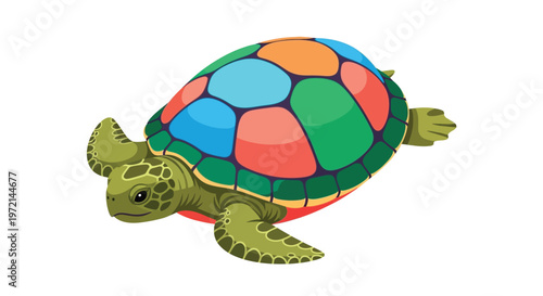 Colorful cartoon turtle illustration with a patterned shell and friendly face