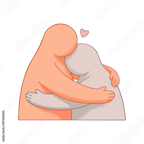 Two cartoon figures hugging each other, a small heart floating above them. A visual poem on the essence of warmth and human connection.