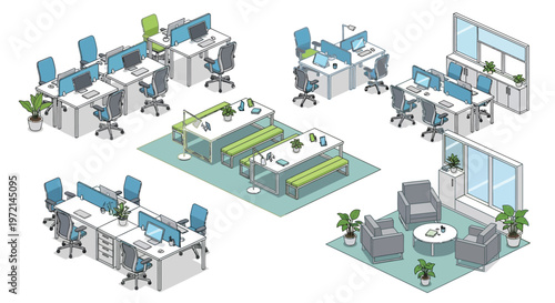 Isometric illustration of a modern open plan office workspace layout