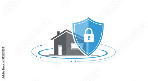 A modern grey house icon features a glowing blue security shield with a white padlock surrounded by elegant circular digital orbital lines and dots.