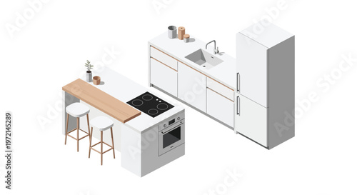 Isometric view of a modern minimalist white kitchen with island seating