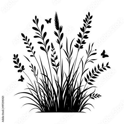 A graceful black silhouette of wild grasses, leaves and butterflies capturing nature lively harmony in a simple, elegant design.
