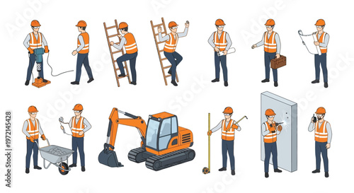 Isometric construction workers and equipment depicted in a detailed illustration