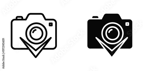 Contrasting camera icons with location pin symbols on white and black backgrounds