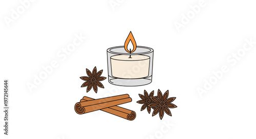 A delicate white tea light candle glows within a glass container beside rustic cinnamon sticks and several dried star anise pods on a white surface.