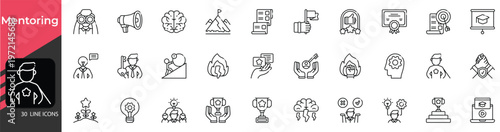Mentoring icons set. Includes symbols of coaching, guidance, leadership, training, support, and professional development. Editable stroke. Vector illustration. Outline icons.