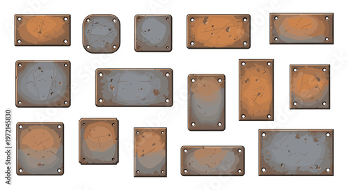 A diverse collection of weathered and rusted industrial metal plates with realistic scratches and corner rivets is displayed against a clean white backdrop.