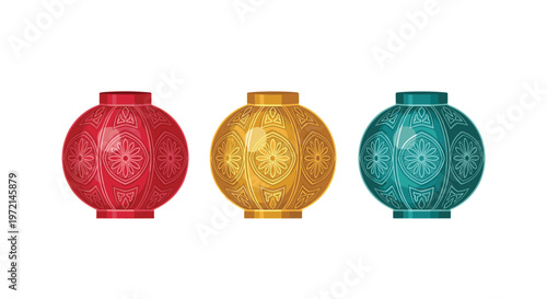 Three vibrant and meticulously decorated ceramic jars in red gold and teal shades display intricate floral patterns against a pristine white background.