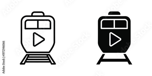 Contrast between a white and black train icon with play button symbols.