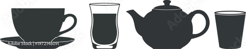 A collection of black silhouette icons representing various types of tea and coffee kitchenware
