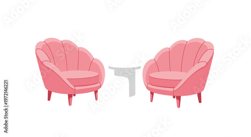 Two elegant pink shell-shaped armchairs are arranged symmetrically around a small white cylindrical table on a clean and bright white background.