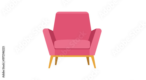 A stylish and modern pink upholstered armchair with sleek angled wooden legs is showcased against a minimalist and pristine white studio background.