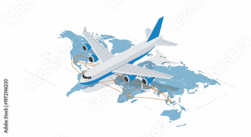 Isometric 3D Airplane Flying Over World Map with Global Flight Routes and Network Connections for International Travel and Logistics Concept