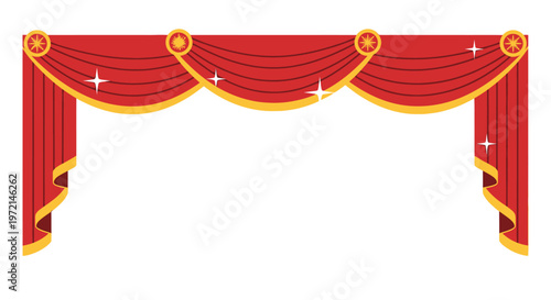 Elegant red stage curtains with gold trim and sparkling star accents