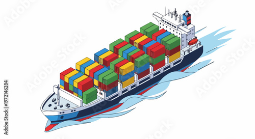 Isometric Vector Illustration of a Cargo Container Ship on the Ocean, Global Logistics and International Shipping Concept