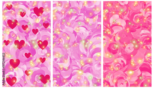 pink floral background. Set of 3 Pink Floral Abstract Backgrounds with Hearts and Glow Effects – Romantic Aesthetic Wallpaper Collection PNG
