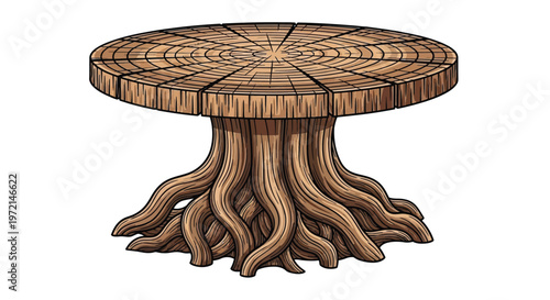 A detailed illustration of a rustic wooden tree stump table