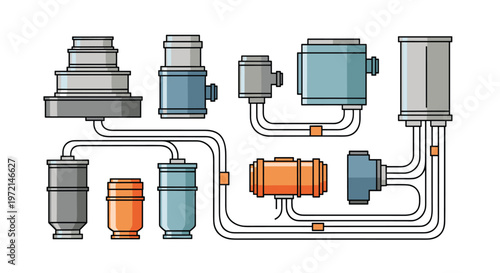 A meticulous technical diagram illustrates a complex industrial system featuring various tanks and interconnected pipes against a clean pale gray background.
