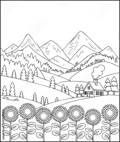 Mountain landscape outdoor scenery coloring page for kids, black line art vector illustration for activity book design