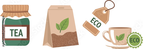 A collection of eco friendly tea products featuring a jar, a pouch, a tag, and a cup of herbal tea