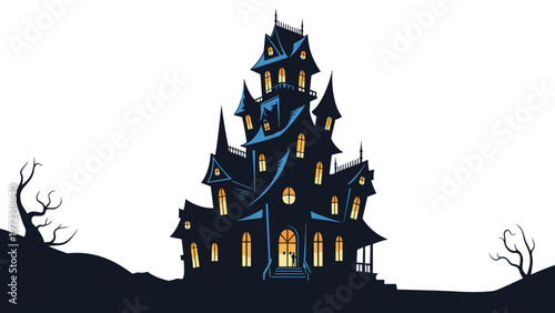 Dark silhouette of a spooky haunted mansion with glowing windows against a white background with bare trees at night.