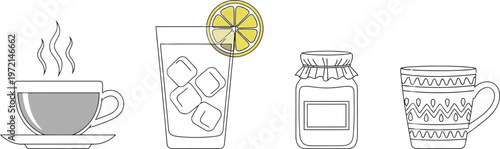 A collection of simple line art illustrations featuring a hot drink, iced lemonade, jam, and mug