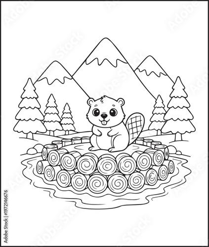 Mountain landscape outdoor scenery coloring page for kids, black line art vector illustration for activity book design