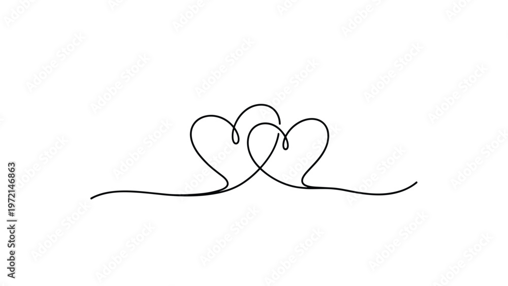 Fototapeta premium Elegant continuous line drawing of two intertwined hearts, representing simple love and minimalist aesthetic design.