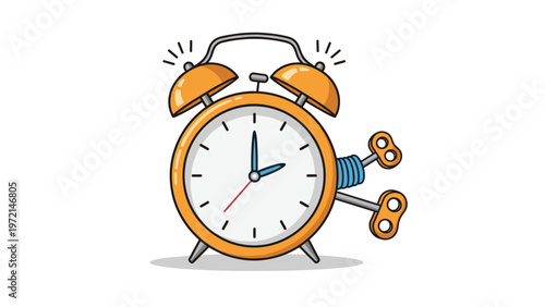 Traditional orange alarm clock with a mechanical winding key ringing loudly, representing time management and waking up.