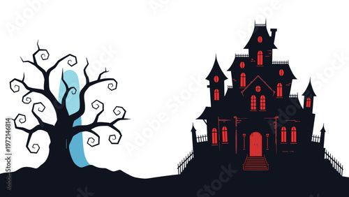 Dark silhouette of a haunted mansion with glowing red windows and a dead tree, symbolizing horror and Halloween.