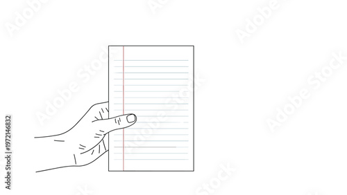 Human hand holding a blank piece of lined notebook paper, perfect for messages, education, or school assignments.