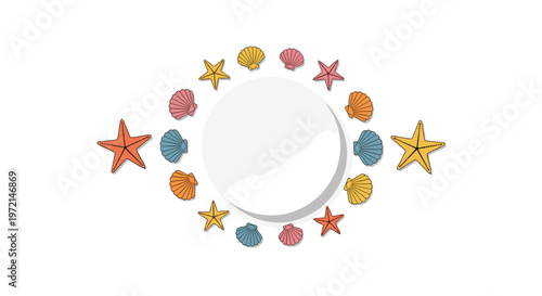 A pristine white circular frame is elegantly centered and surrounded by a diverse collection of vibrant flat-style seashells and colorful starfish icons.
