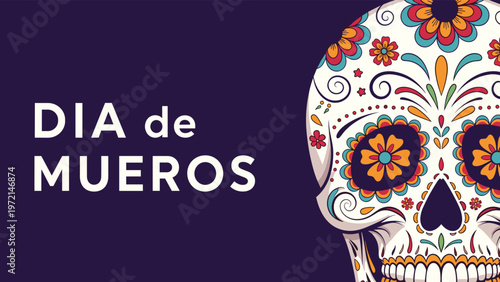 Close up of a decorated sugar skull with colorful floral patterns and the text Dia de Muertos on a dark background for mexico.