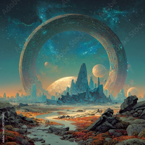 Futuristic Alien Planet Landscape with Circular Space Structure and Multiple Planets in Sky