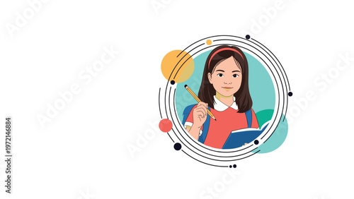 Portrait of a young schoolgirl holding a pencil and a book inside a circular frame with abstract lines and circles for school.