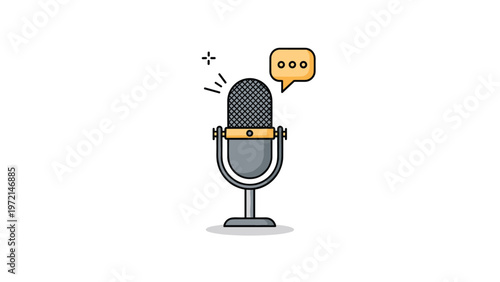 Classic broadcast microphone with a chat bubble icon, representing podcasting, radio interviews, and voice recording.